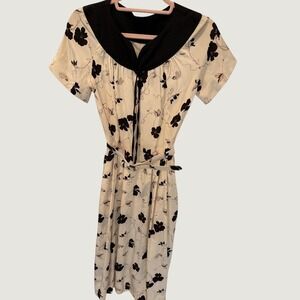 Vintage 1940s Floral Talon Side Zip Belted Contrast Collar Day Dress
